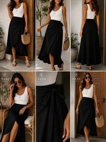 Women's Long Wrap Skirt In Viscose Linen With Tie Detail – Style And Comfort – One Size - Black - View 2