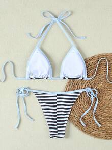 2026 Summer New Women's Black & White Striped Zebra Print Fashion Minimalist Sexy Vintage Vacation Style Beach 2-Piece Bikini Swimsuit - Multicolor - View 4