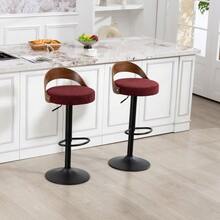 Set Of 2 360° Swivel Bar Stools With Black Walnut Wood Backrest And PU Seat Cushion, Height Adjustable. Suitable For Kitchens. - WINE RED - View 3