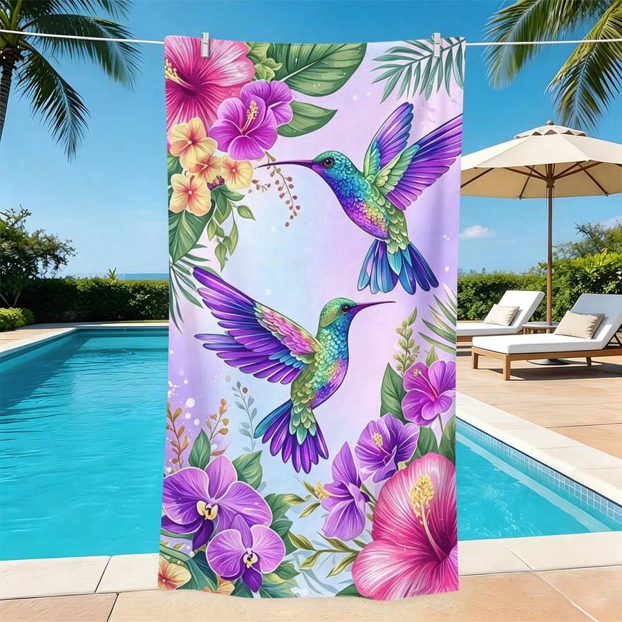 1件夢幻紫色熱帶花卉與鳥類超細纖維沙灘巾，多尺寸沙灘毯防曬毛巾，輕量，適合游泳、露營、運動、沙灘或健身房沙灘配件 | 現代沙灘巾 | 耐用沙灘墊，沙灘巾 - 彩色 - 查看 1