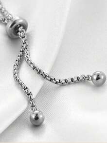 MECYLIFE 1pc Minimalist Fashion Gold/Silver Plated Stainless Steel Round Pendant Adjustable Beaded Engraved Bracelet - Silver - View 4