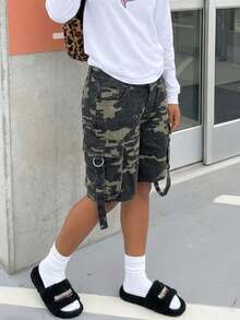 Women's Straight Leg Cargo Denim Capri Pants Casual Summer - Army Green - View 3