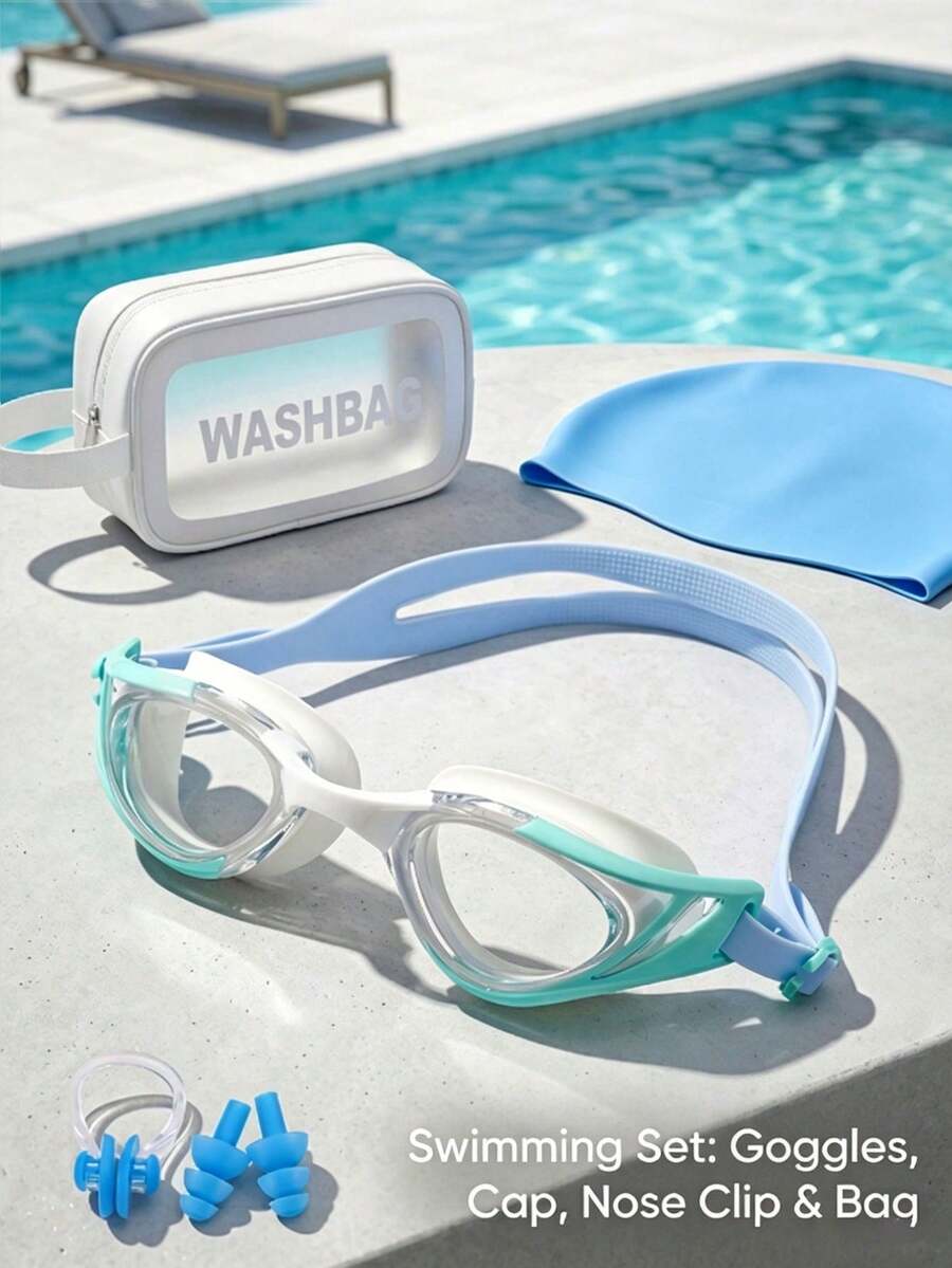 Swimming Goggles Set (Nose Clip + Storage Bag + Swim Cap + Goggles) Unisex Swimming Goggles, Waterproof Anti-Fog, New Upgraded Design, Wide Field Of View Anti-Fog Leak-Proof Pool Goggles, Suitable For Beach Vacation, Swimming Party - Baby Blue - View 1