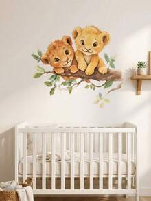 1pc Watercolor 2 Little Lions & Branch Pattern Removable PVC Wall Sticker, Self-Adhesive Waterproof Warm Mori Style Nursery Bedroom Background Wall Decor For Baby Boy - Multicolor - View 4