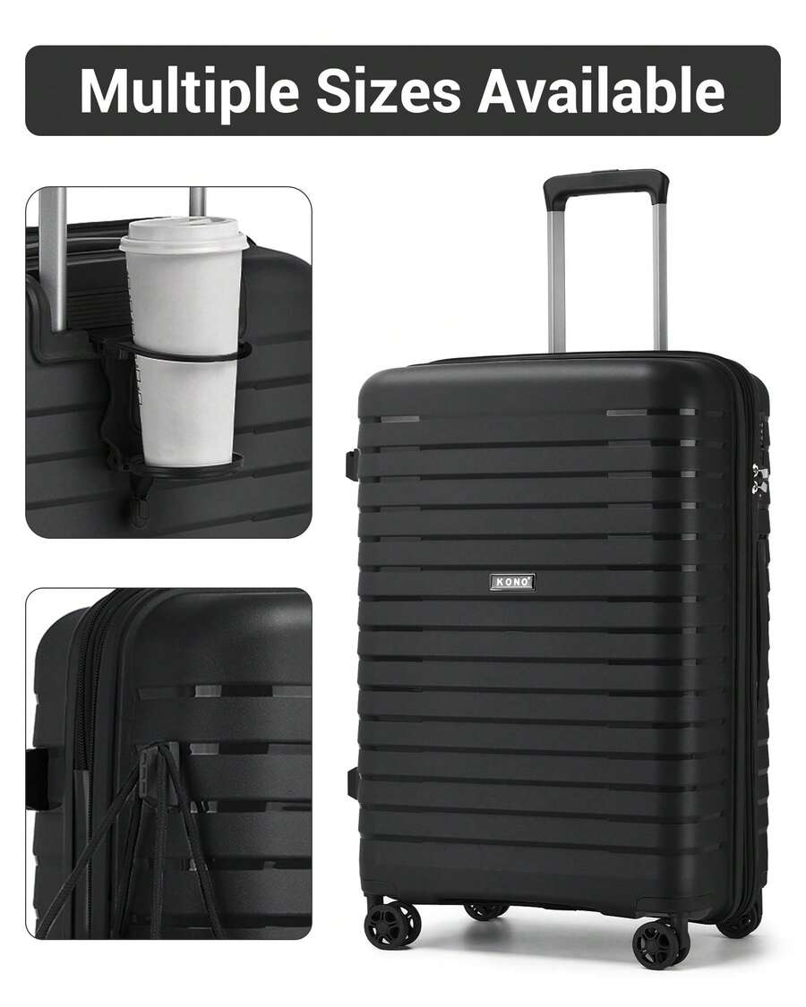 Carry On Suitcase Small 20 Inch Cabin Luggage Medium 24 Inch Large 28 Inch Ribbed PP Hardshell Expandable TSA Lock Cup Holder 3 Piece Luggage Set