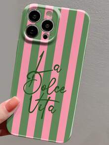 1 pieza Funda rígida de cobertura completa para teléfono con película brillante perforada, patrón de rayas de dos colores y eslogan en inglés, estilo minimalista, apta para iPhone 11/12/13/14/15/16 Pro Max - Multicolor - Ver 4