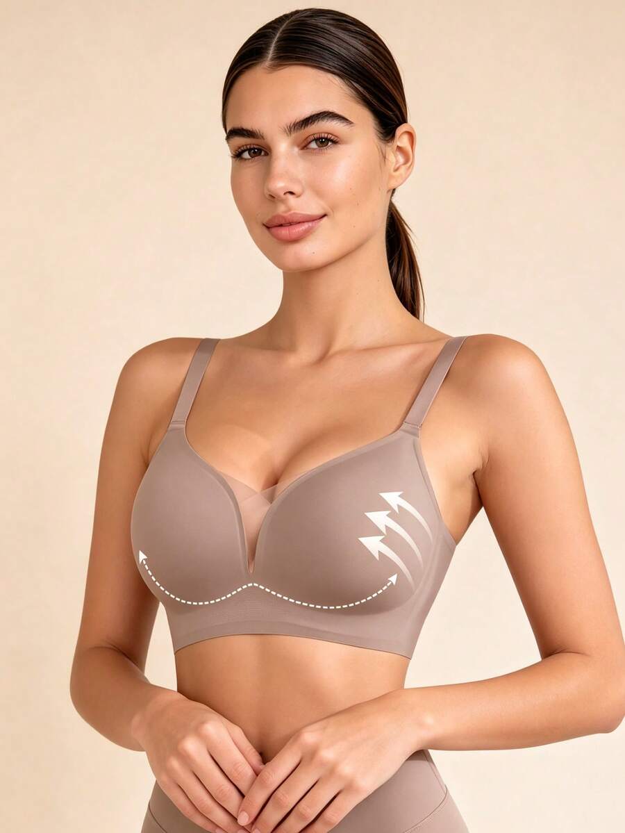 Lilivine 1pc Sexy V-Neck Sheer Women Lingerie Set, Solid Color Casual & Comfortable, Summer Minimalist Style Bra