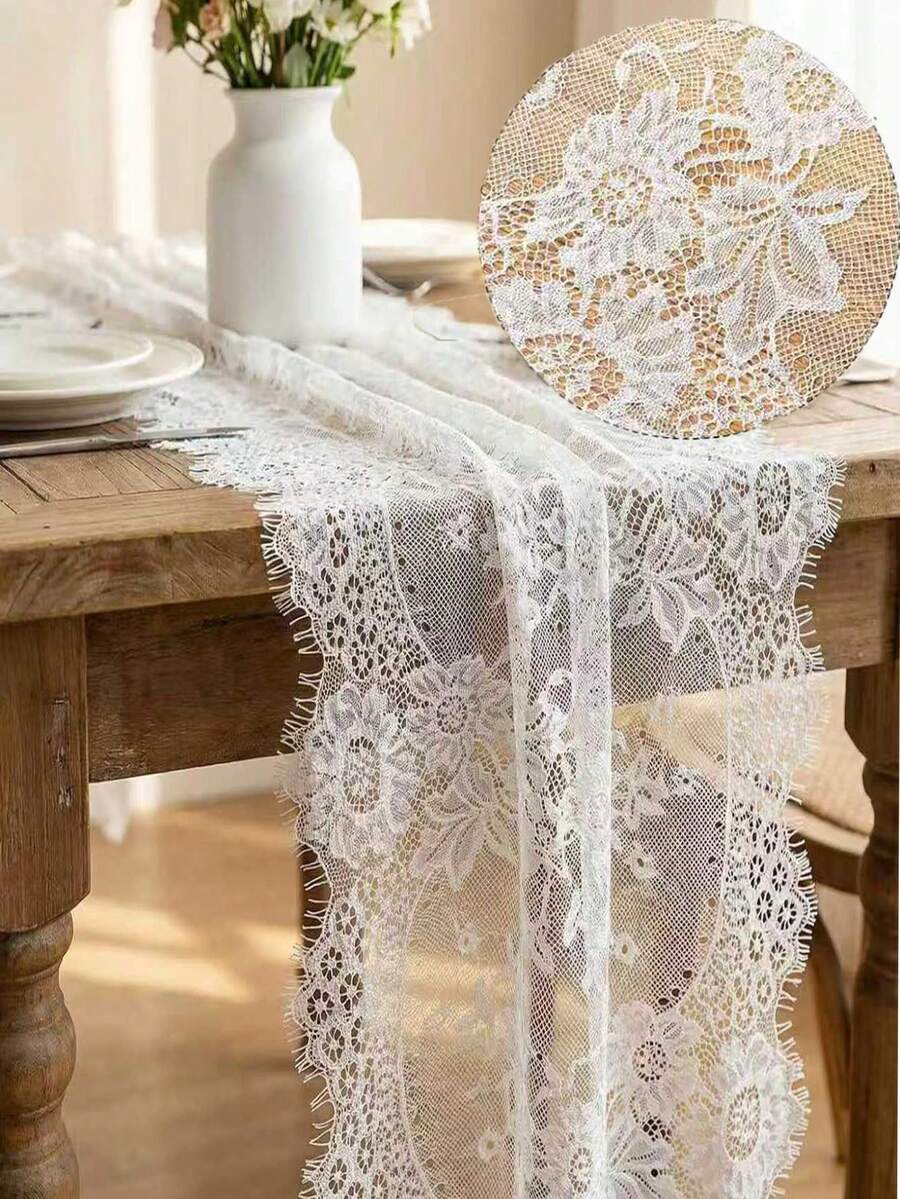 5pcs 12" X 120" White Lace Table Runner, Vintage Wedding Baby Shower Party Decor, Country Rose Embroidery Boho Style Table Runner