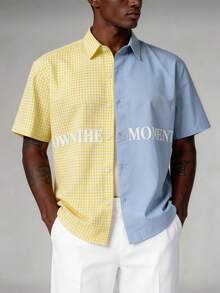Plaid & Solid Color Splice Contrast Color Men's Summer Commute Casual Vacation Style Letter Print Shirt - Multicolor - View 6