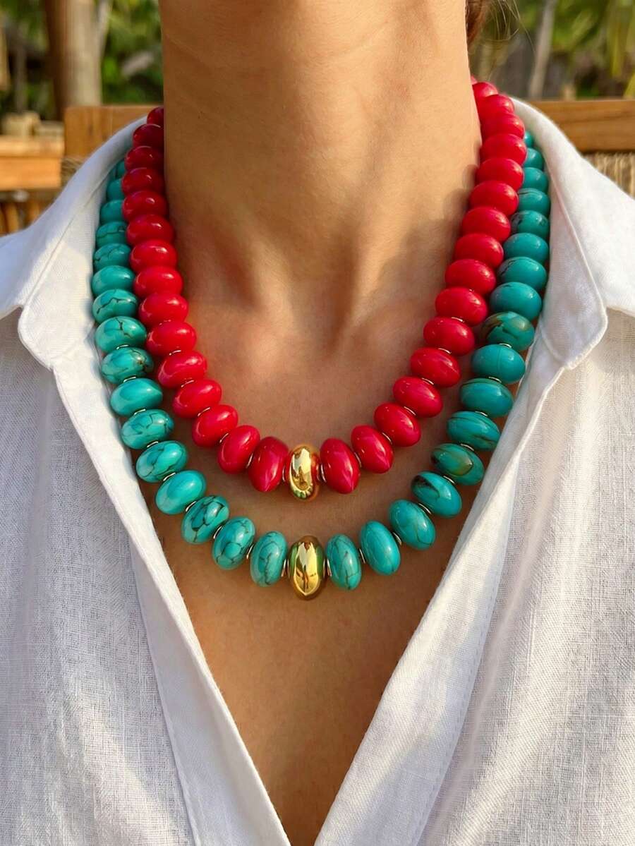 Bohemian 2pcs/1pc Vintage French Elegant Fashion Hip Hop Bohemian Vacation Style Bling Bling Dopamine Colorful Red Green Resin Acrylic Beaded Gold Accessories Minimalist Women's Adjustable Necklace Set Personalized Exaggerated Unique Y2K Layered Y-Shaped Collarbone Chain Sweater Chain Suitable For Women Summer Beach Vacation Party Evening Dinner Music Festival Date Gift Daily Wear All Season Versatile Jewelry - Multicolor - View 1
