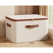 1pc Minimalist Beige Linen Foldable Storage Box With Handle, Portable Clothes Organizer Bin, Suitable For Under Bed Placement, Applicable For Bedroom Closet Organization, Seasonal Clothing Storage And Daily Home Storage Organization - Beige - View 10