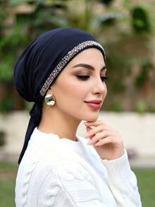 1 pieza Sombrero de mujer de moda de unicolor con strass, pañuelo versátil para la cabeza, underscarf, adecuado para uso diario - 005-Azul oscuro - Ver 4