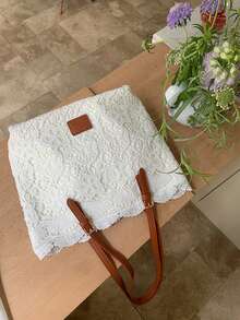 夏季清新溫柔蕾絲仙女托特包鏤空休閒大容量通勤手提肩背包 - 白色 - 查看 5