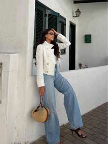 ZAHM White Short Double-Breasted Gold Button Blazer - Apricot - View 4