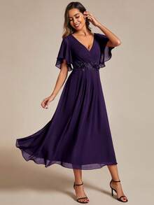 EVERPRETTY Elegant Dark Purple Chiffon Wedding Guest Dress For Fall Wedding Anniversary With Floral Applique Waist And Flutter Sleeves Romantic Formal Dress - Purple - View 3