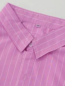 WAIT HIM Men's Vintage Vertical Striped Short Sleeve Shirt, Lightweight Breathable Loose Fit Button-Up Shirt For Spring And Summer, Casual Silhouette Shirt - Watermelon Pink - View 5
