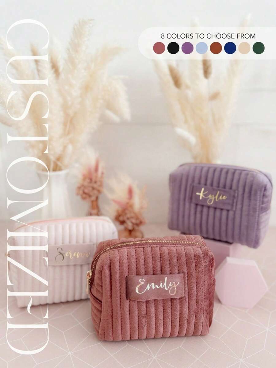 Personalized Name Cosmetic Bag, Customized Quilted Velvet Toiletry Bag, Bridesmaid Gift, Wedding Favor, Women's Birthday Gift, Makeup Pouch - Multicolor - View 1