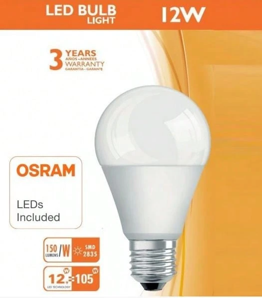 BOMBILLA LED A60 12w 3000K con chip OSRAM E-27 - Enchufe EU Tipo C(220-240V) - Ver 1