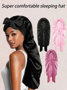 1pc Women's Long Satin Faux Silk Bow Sleep Cap, Large Braid Curly Hair Bonnet For Sleeping And Daily Beauty Use - Multicolor - View 2