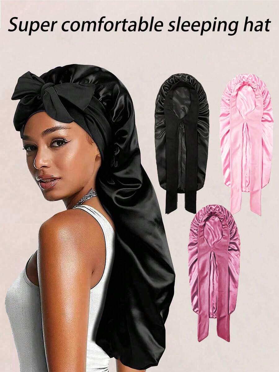 1pc Women's Long Satin Faux Silk Bow Sleep Cap, Large Braid Curly Hair Bonnet For Sleeping And Daily Beauty Use