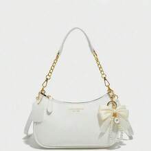 Women's Solid Color PU Material Shoulder Bag, Letter, Bow And Pearl Pendant - White - View 2