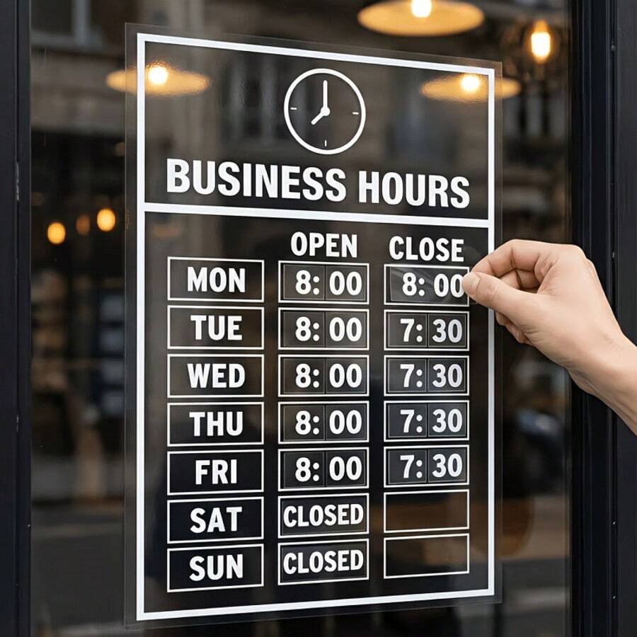 2pcs Business Hours Window Stickers, Transparent UV Resistant Store Hours Decals, Self-Adhesive Open/Closed Time Sign, White Ink Transparent Vinyl Glass Door Stickers School Supplies