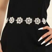 1pc Women's Metal Multi-Color Pearl Rhinestone Floral Classic Dress Belt Decoration, Suitable For Summer Outdoor Wear, Christmas Gift For Friends - Silver - View 3