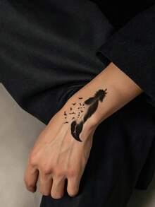 1 Pc Men's Dark Gothic Temporary Tattoo Stickers, 2Pcs Black Gradient Feather With Flying Birds Pattern Tattoos, Waterproof Sweatproof Body Stickers For Holiday Party, Suitable For Hands, Legs, Waist, Shoulders And Neck - Black - View 4