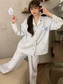 2pcs Women's Pajama Set, Popular Fashion Cute Puppy Print Open Front Lapel Long Sleeve Long Pants, Suitable For All Seasons - Sky Blue - View 5