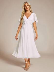 EVERPRETTY Elegant White Chiffon Wedding Guest Dress For Fall Wedding Anniversary With Floral Applique Waist And Flutter Sleeves Romantic Formal Dress - White - View 3