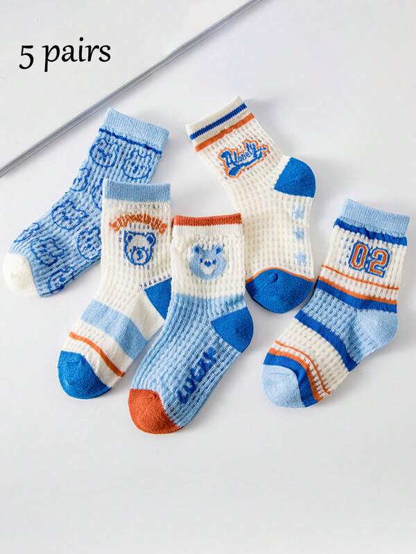 5 Pairs 1-16 Years Old Children Cute Cartoon Blue Bear Breathable Mesh Socks, Boys Girls Socks, Suitable For Daily School Casual Sports Use