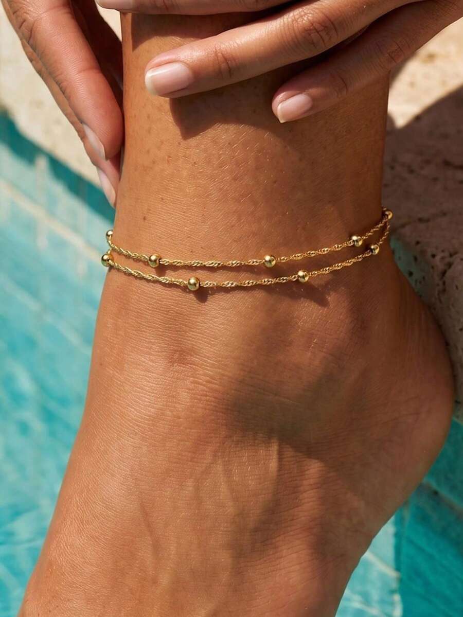 1pc Stainless Steel Double-Layer Ankle Chain Bohemian Style Bead Chain Gold Twist Chain Ankle For Women Beach Vacation Wear - Gold - View 1