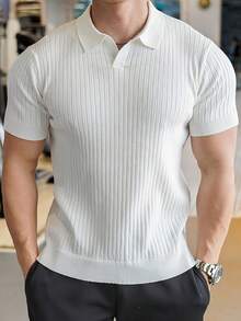 Men's Vertical Ribbed Texture V-Neck Knit Polo Shirt, Summer Slim Fit Flattering Mature Style Premium Breathable Versatile Short Sleeve Knit Top - White - View 2
