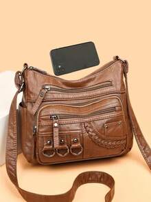 Retro Casual Multi-Pocket Crossbody Bag, Foldable, Portable, Large-Capacity Brown PU Punk-Style Mom Bag - Brown - View 6