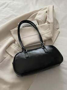 1 pieza Bolso de mano negro de PU liso con cierre de hebilla anular, versátil, casual, de unicolor, minimalista, nuevo de nicho para verano, adecuado para uso diario de mujeres - Negro - Ver 6