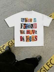 Handwritten Lettering Print. Casual Basic T-Shirt With Crew Neck. - 白色 - 查看 1