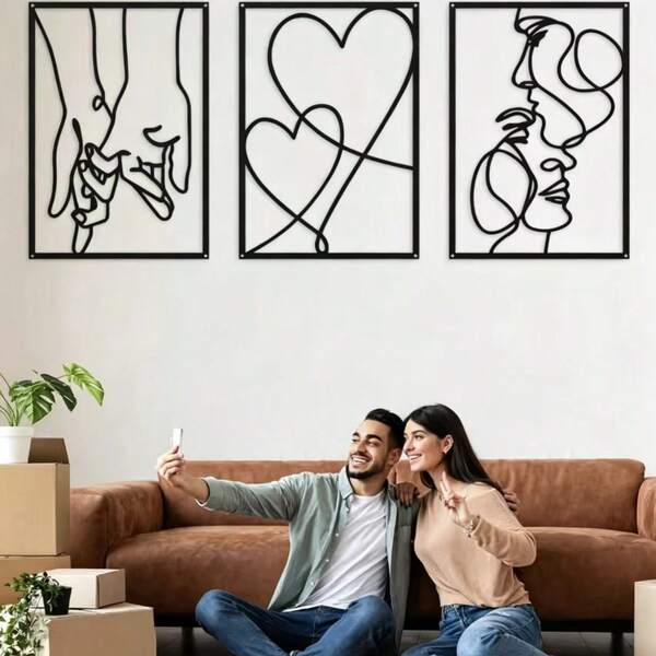 A Set Of Metal Minimalist Line Wall Decorations, Valentine's Day Kissing Hands Metal Wall Decorations, Modern Aesthetic Home Hanging Wall Decorations, Summer Birthday Gifts, Weddings, Beaches, Back To School Season, School Supplies, Room Decorations