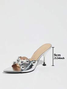 Jin Bei Qi Sandalias de tacón alto plateadas con punta puntiaguda para mujer, con decoración redonda de espejo, borde ondulado en forma de abanico, tacón de copa de vino, mules de punta abierta, zapatos cómodos y elegantes para discoteca, actividades al aire libre, boda, dama de honor, fiesta, banquete, socialité - Plateado - Ver 4