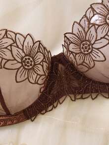 1 Set Of 2 Women's Coffee Colored Embroidered Floral Ultra Short Tops, Comfortable Home Style Underwear And Panties, Suitable For All Seasons - Coffee Brown - View 4