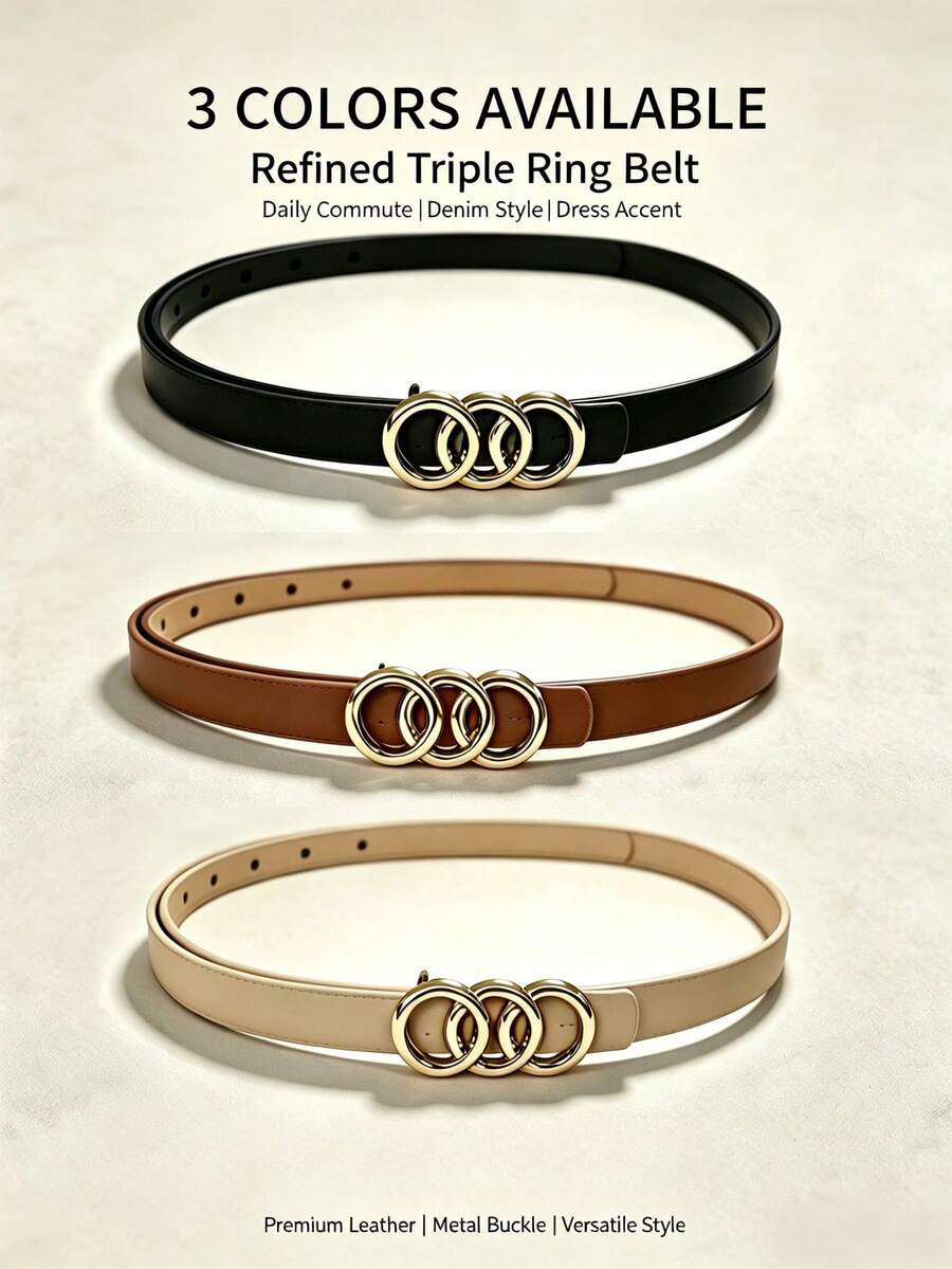 Light Luxury Three-Ring Women's PU Leather Thin Waist Belt, Seamless Delicate Soft PU Leather Belt, All-Season Casual Style Waist-Cinching Decorative Belt, 3 Colors Available - A - View 1