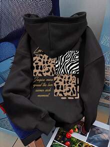 Women's Casual Drawstring Hooded Sweatshirt, Double-Sided Animal Print Pattern Detail, Long Sleeve Knit Pullover, Suitable For Daily Wear - Black - View 3