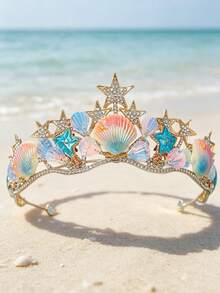 1件巴洛克風美人魚皇冠，海洋貝殼與海星頭飾，彩色水鑽貝殼髮飾，適合海灘婚禮、生日派對與角色扮演 - 橘色 - 查看 6