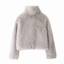 GDDYIN Jaket Bulu Imitasi Elegan untuk Wanita, Kerah Tegak, Lengan Panjang, Panjang Reguler, Cocok untuk Musim Dingin - Grey - View 9