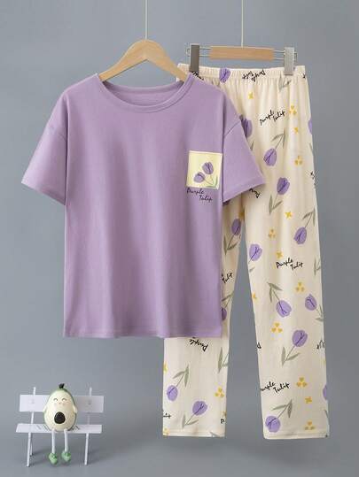 Conjunto de pijama de 2 piezas para mujer de verano, de algodón fino, manga corta y pantalones largos, ropa de estar en casa ligera y casual con estampado de tulipanes