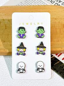 1 Set 3 Pares de Pendientes de Botón de Madera con Diseño de Dibujos Animados de Halloween, Pendientes Divertidos y Caprichosos de Maíz Dulce, Calabaza, Fantasma, Gatito, Murciélago y Telaraña, Set de Pendientes de Regalo Festivo para Mujeres - Multicolor - Ver 10