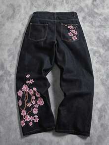 Teenager Plum Blossom Embroidered Washed Loose Straight Leg Jeans Y2K Casual - Black - View 5