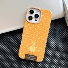 Yellow Background Heart Polka Dot And Duck Pattern Premium Leather Texture Anti-Drop Phone Case Protective Cover, Compatible With Apple 11/12/13/14/15/16/17/Plus/Pro/Promax Series Phone Models, A Great Choice For Holiday Gifts For Friends And Family - Brown - View 3