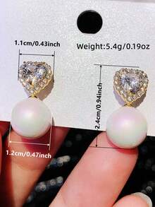 1 paire de boucles d'oreilles charmantes en zircone cubique & perles fausses, conçues pour les femmes, convenant pour les mariages, les fiançailles, les fêtes d'anniversaire, les cadeaux de la Saint-Valentin - Or jaune - Voir 4