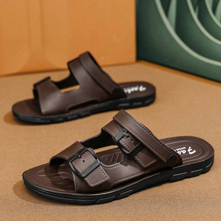 Sandal Kulit Pria Ukuran Besar Serbaguna untuk Aktivitas Luar Ruangan, Olahraga, Anti Selip, Sol Lembut, Mengemudi, Pantai, dan Ujung Terbuka - Coklat - View 1