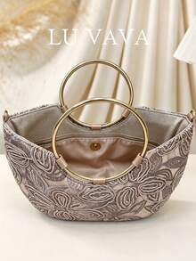 LUVAVA Gold Rope Embroidered Crescent Bag, Round Metal Handle, Hollow Floral Texture, Detachable Chain, Luxury Style, Suitable For Wedding/Afternoon Tea/Evening Party/Outdoor - Dusty Pink - View 3
